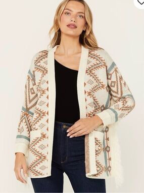 Shyanne Southwestern Print Open Front Fringe Cardigan